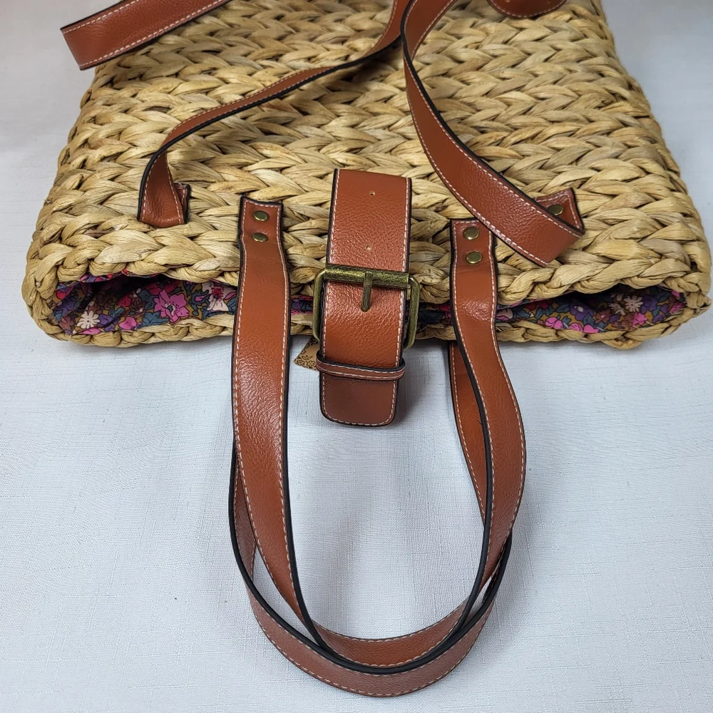 Natural Life Straw Backpack Tote BAG Floral Lined Water Hyacinth Woven Boho NWT